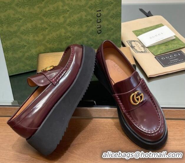 Good Quality Gucci Leather Wedge Platform Loafers 5.5cm Burgundy 1231148