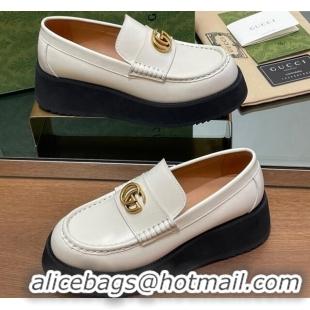 Best Grade Gucci Leather Wedge Platform Loafers 5.5cm White 1231149