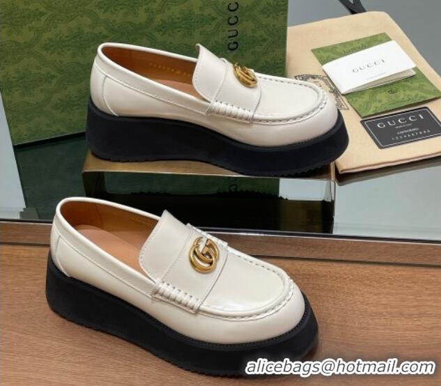 Best Grade Gucci Leather Wedge Platform Loafers 5.5cm White 1231149