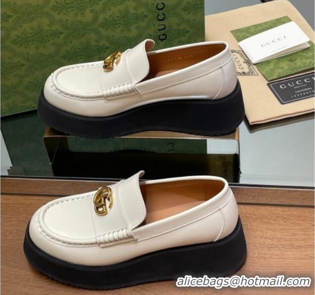 Best Grade Gucci Leather Wedge Platform Loafers 5.5cm White 1231149