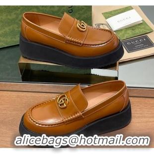 Grade Quality Gucci Leather Wedge Platform Loafers 5.5cm Brown 1231150