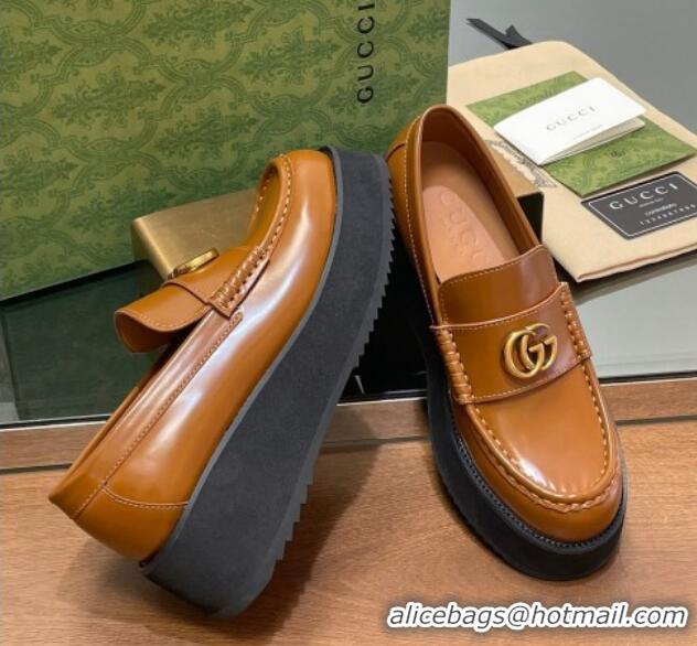 Grade Quality Gucci Leather Wedge Platform Loafers 5.5cm Brown 1231150