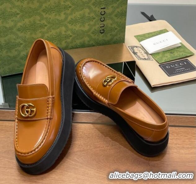 Grade Quality Gucci Leather Wedge Platform Loafers 5.5cm Brown 1231150