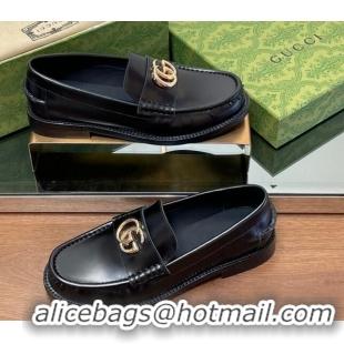 Buy Luxury Gucci Shiny Leather Loafers with GG Black 1231151