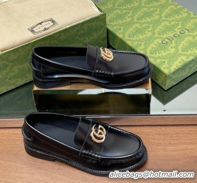 Buy Luxury Gucci Shiny Leather Loafers with GG Black 1231151