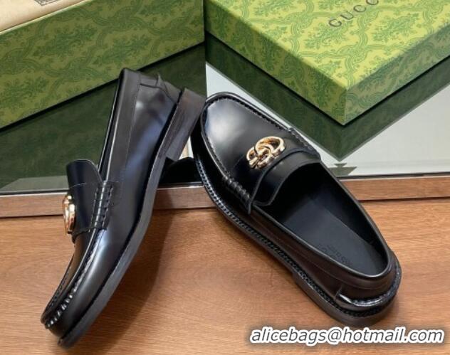 Buy Luxury Gucci Shiny Leather Loafers with GG Black 1231151