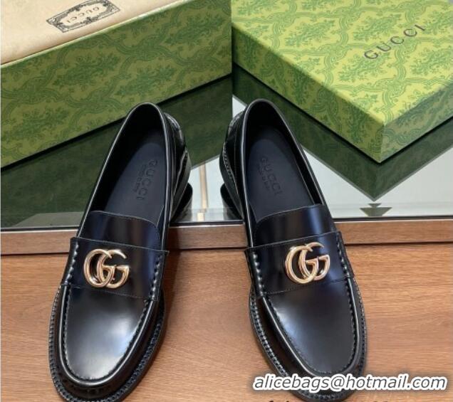 Buy Luxury Gucci Shiny Leather Loafers with GG Black 1231151