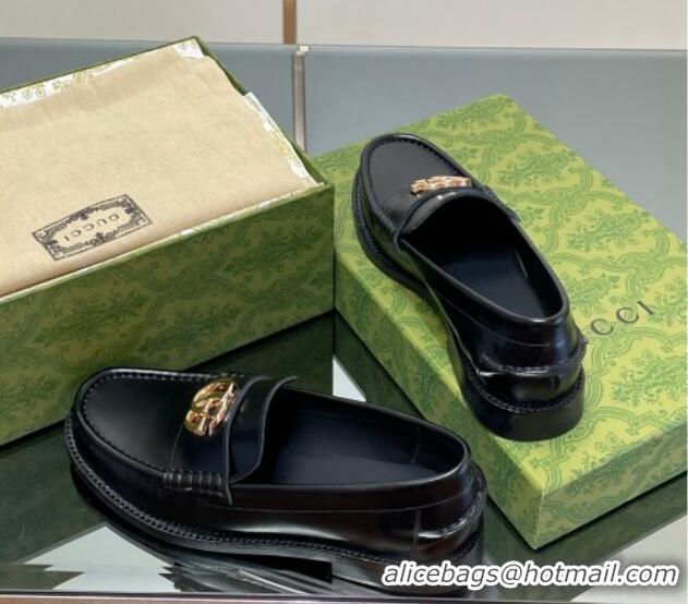 Buy Luxury Gucci Shiny Leather Loafers with GG Black 1231151