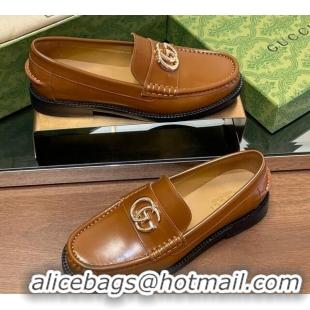 Best Product Gucci Shiny Leather Loafers with GG Brown 1231154