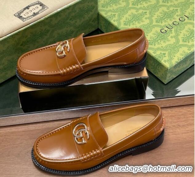 Best Product Gucci Shiny Leather Loafers with GG Brown 1231154