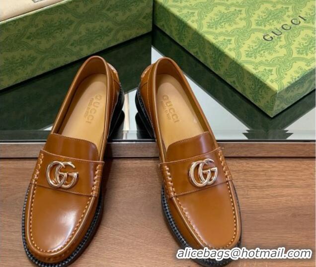 Best Product Gucci Shiny Leather Loafers with GG Brown 1231154