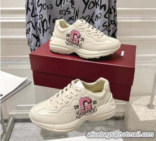 Luxury Gucci Rhyton Leather Sneakers with 'Gucci G 1921' Print Ivory White 1231156