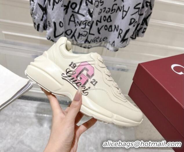 Luxury Gucci Rhyton Leather Sneakers with 'Gucci G 1921' Print Ivory White 1231156