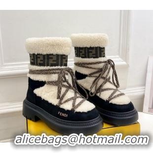 Perfect Fendi Apres Chic Platform Lace-up Ankle Boots 5cm in Shearling Wool and Suede White/Black 1122069