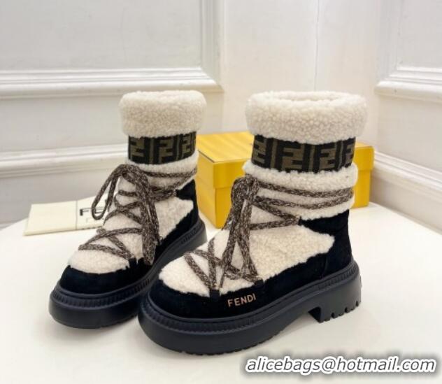 Perfect Fendi Apres Chic Platform Lace-up Ankle Boots 5cm in Shearling Wool and Suede White/Black 1122069