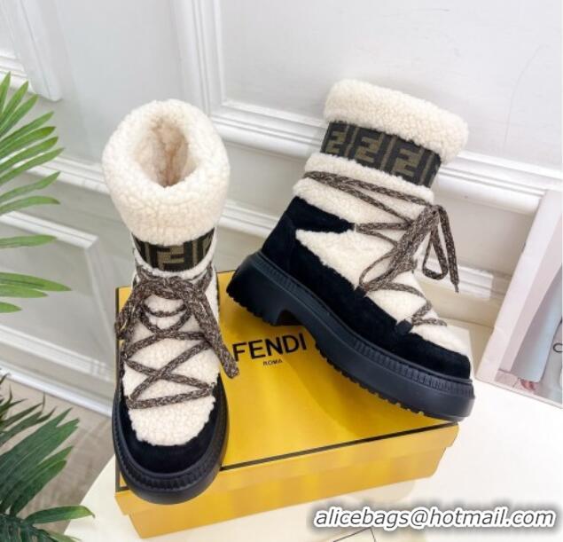 Perfect Fendi Apres Chic Platform Lace-up Ankle Boots 5cm in Shearling Wool and Suede White/Black 1122069