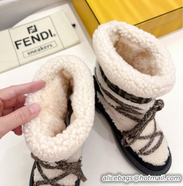 Perfect Fendi Apres Chic Platform Lace-up Ankle Boots 5cm in Shearling Wool and Suede White/Black 1122069