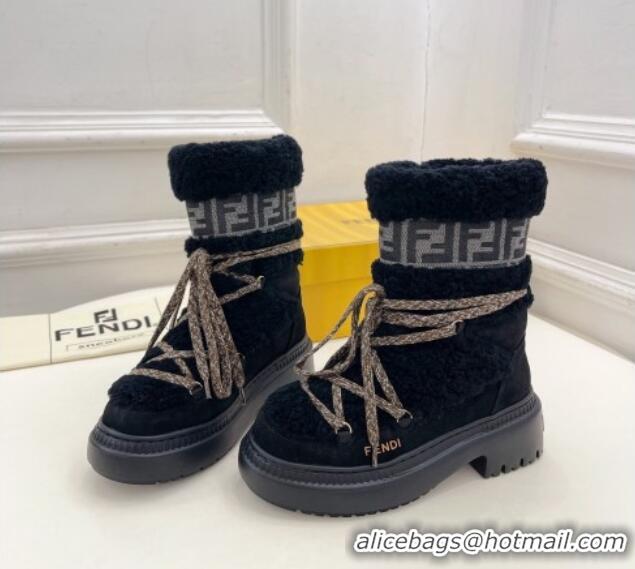 Popular Style Fendi Apres Chic Platform Lace-up Ankle Boots 5cm in Shearling Wool and Suede Black 1122070