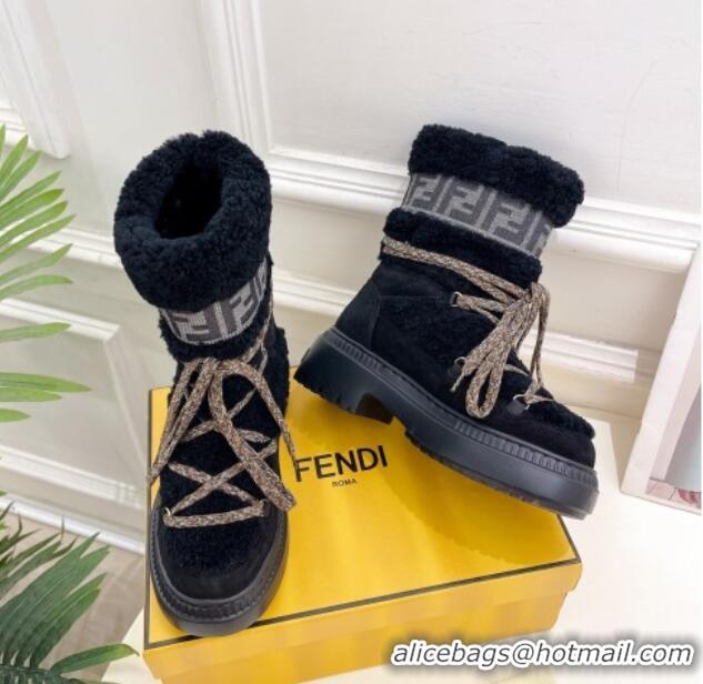 Popular Style Fendi Apres Chic Platform Lace-up Ankle Boots 5cm in Shearling Wool and Suede Black 1122070