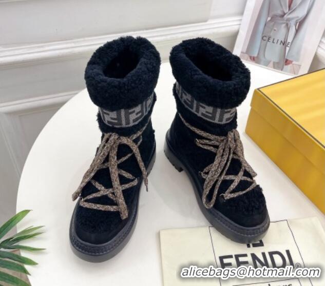 Popular Style Fendi Apres Chic Platform Lace-up Ankle Boots 5cm in Shearling Wool and Suede Black 1122070