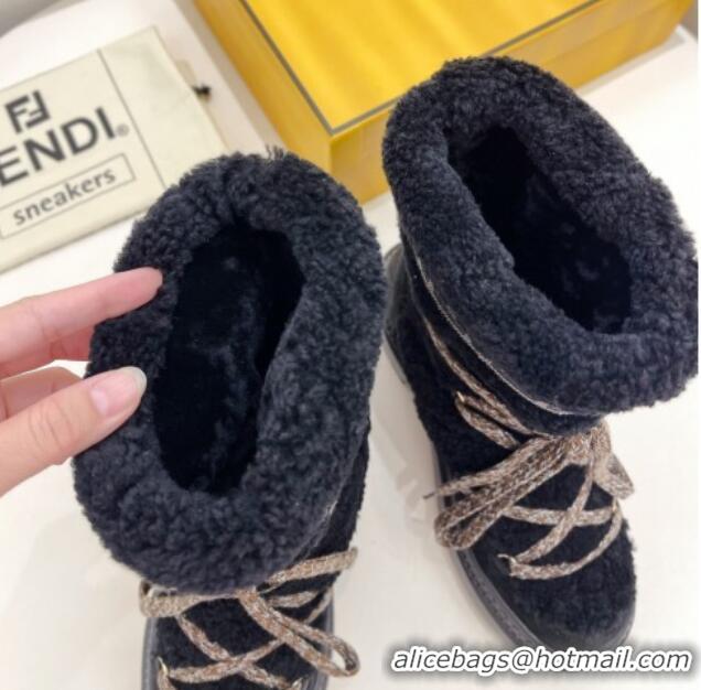 Popular Style Fendi Apres Chic Platform Lace-up Ankle Boots 5cm in Shearling Wool and Suede Black 1122070