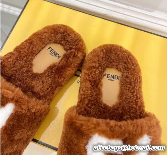 Top Grade Fendi FF Wool Flat Slides Sandal Brown 1122071