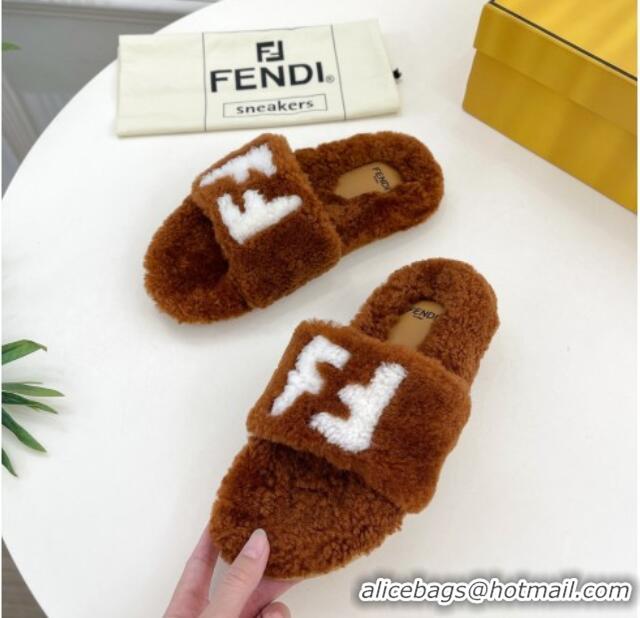 Top Grade Fendi FF Wool Flat Slides Sandal Brown 1122071