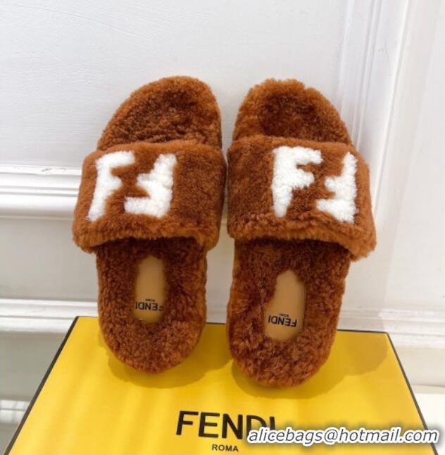 Top Grade Fendi FF Wool Flat Slides Sandal Brown 1122071