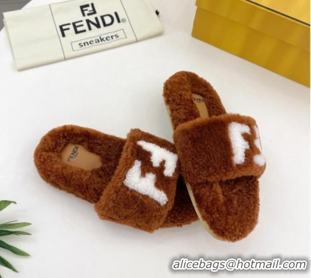 Top Grade Fendi FF Wool Flat Slides Sandal Brown 1122071