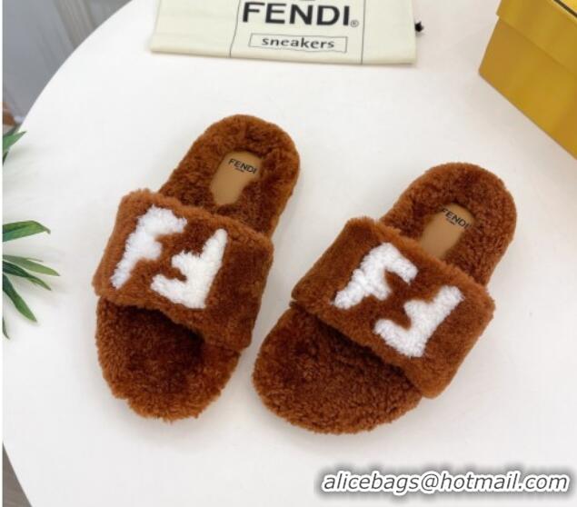 Top Grade Fendi FF Wool Flat Slides Sandal Brown 1122071