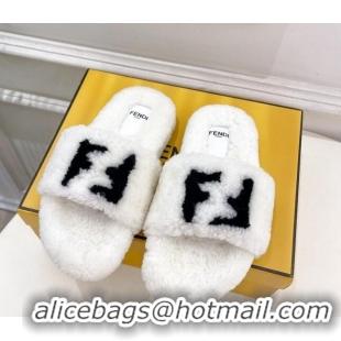 Buy Luxury Fendi FF Wool Flat Slides Sandal White 1122072