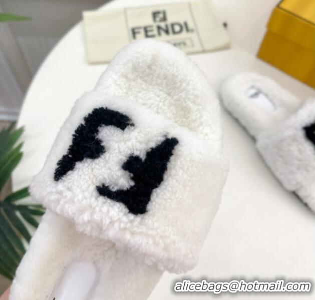 Buy Luxury Fendi FF Wool Flat Slides Sandal White 1122072