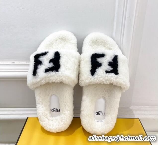 Buy Luxury Fendi FF Wool Flat Slides Sandal White 1122072