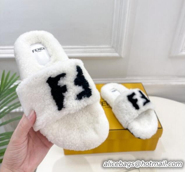 Buy Luxury Fendi FF Wool Flat Slides Sandal White 1122072