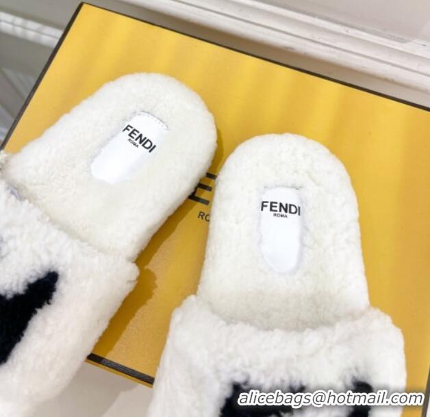 Buy Luxury Fendi FF Wool Flat Slides Sandal White 1122072