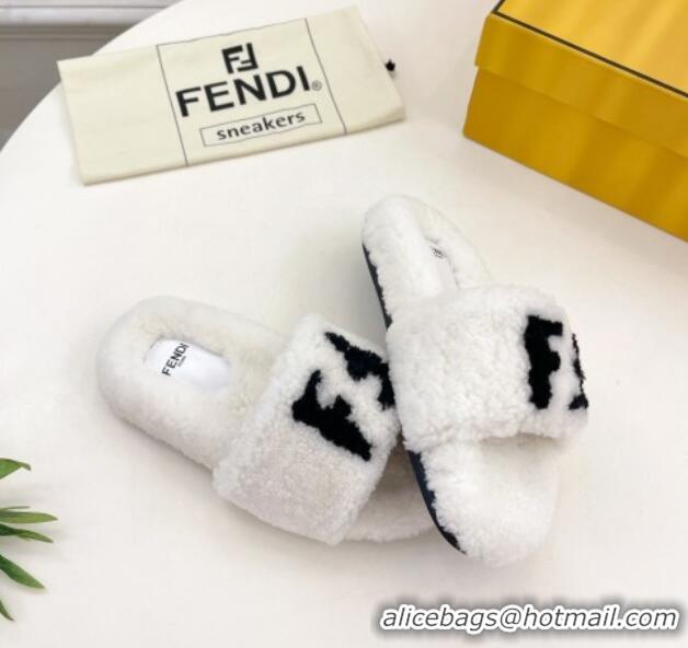 Buy Luxury Fendi FF Wool Flat Slides Sandal White 1122072