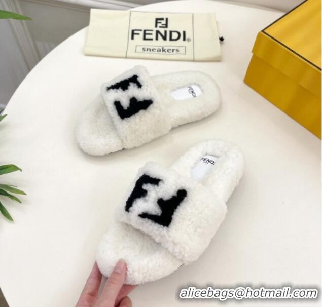 Buy Luxury Fendi FF Wool Flat Slides Sandal White 1122072