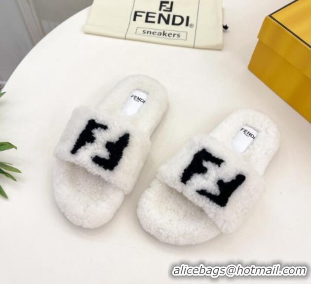 Buy Luxury Fendi FF Wool Flat Slides Sandal White 1122072