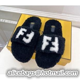 Generous Fendi FF Wool Flat Slides Sandal Black 1122073