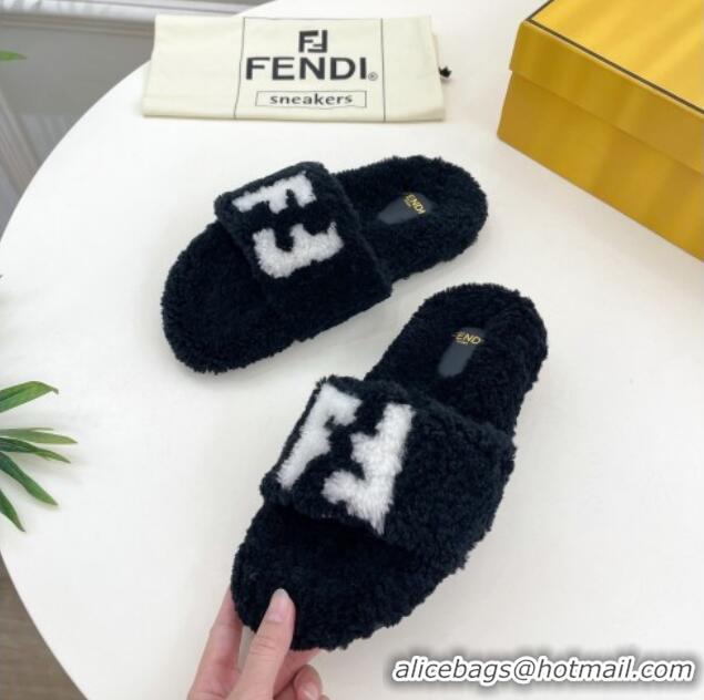 Generous Fendi FF Wool Flat Slides Sandal Black 1122073