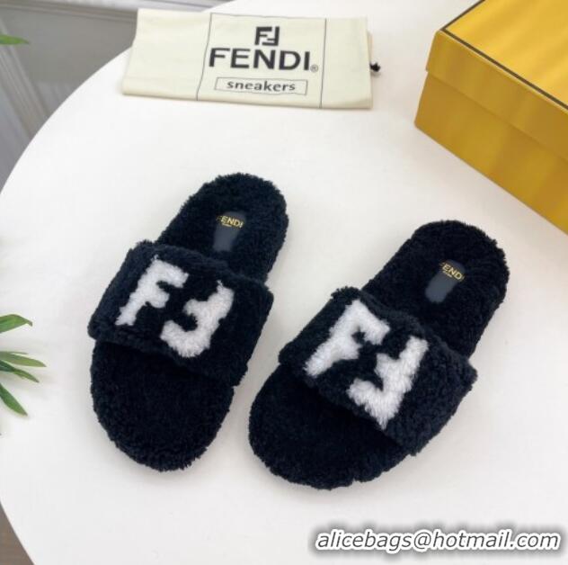 Generous Fendi FF Wool Flat Slides Sandal Black 1122073