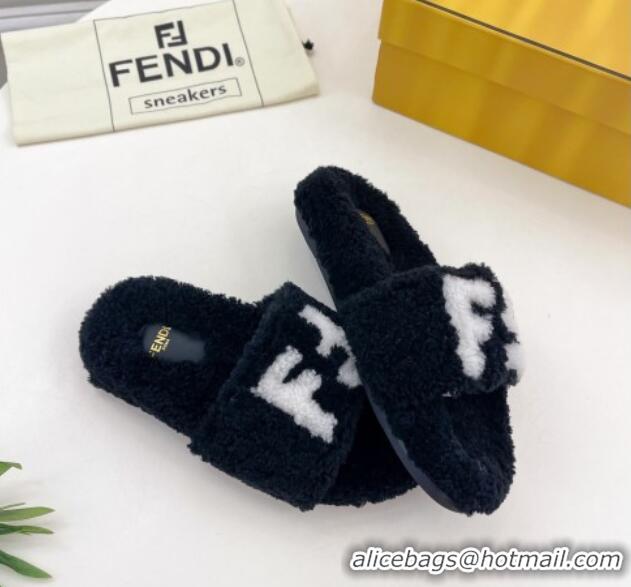 Generous Fendi FF Wool Flat Slides Sandal Black 1122073