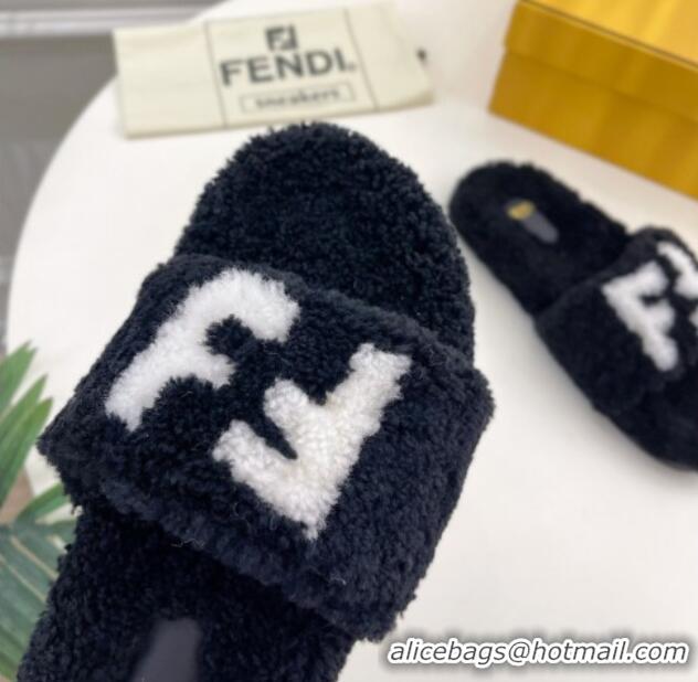 Generous Fendi FF Wool Flat Slides Sandal Black 1122073