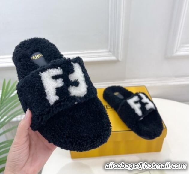 Generous Fendi FF Wool Flat Slides Sandal Black 1122073