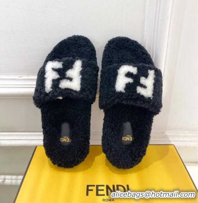 Generous Fendi FF Wool Flat Slides Sandal Black 1122073