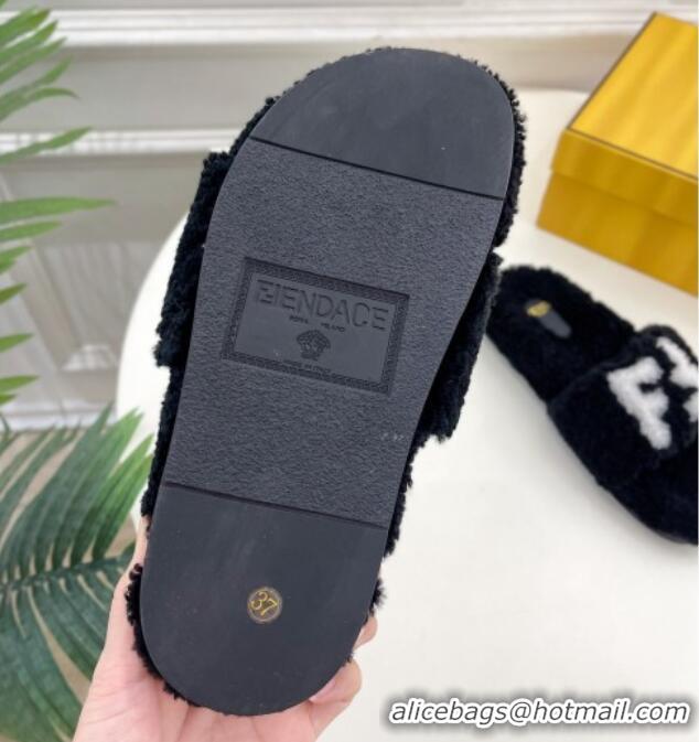 Generous Fendi FF Wool Flat Slides Sandal Black 1122073