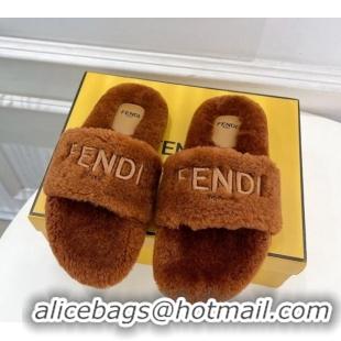 Grade Quality Fendi Logo Wool Flat Slides Sandal Brown 1122074