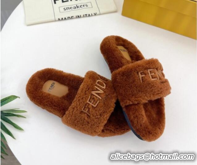 Grade Quality Fendi Logo Wool Flat Slides Sandal Brown 1122074