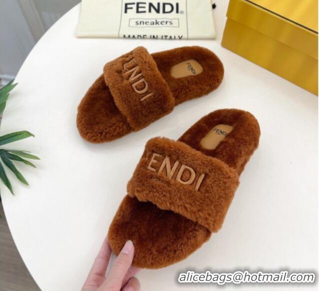 Grade Quality Fendi Logo Wool Flat Slides Sandal Brown 1122074