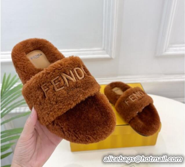 Grade Quality Fendi Logo Wool Flat Slides Sandal Brown 1122074